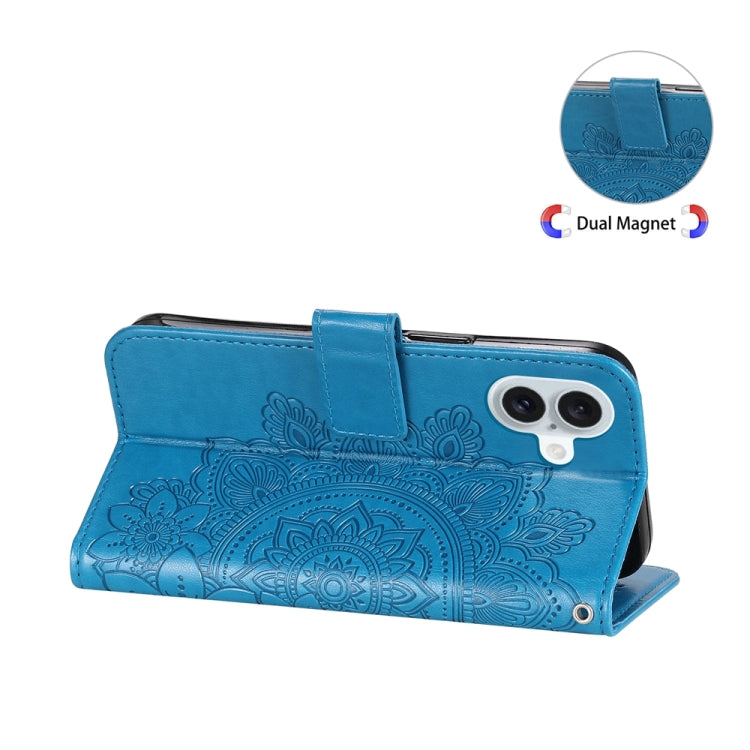 For iPhone 16 Plus Seven-petal Flowers Embossing Leather Phone Case(Blue)