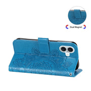 For iPhone 16 Plus Seven-petal Flowers Embossing Leather Phone Case(Blue)