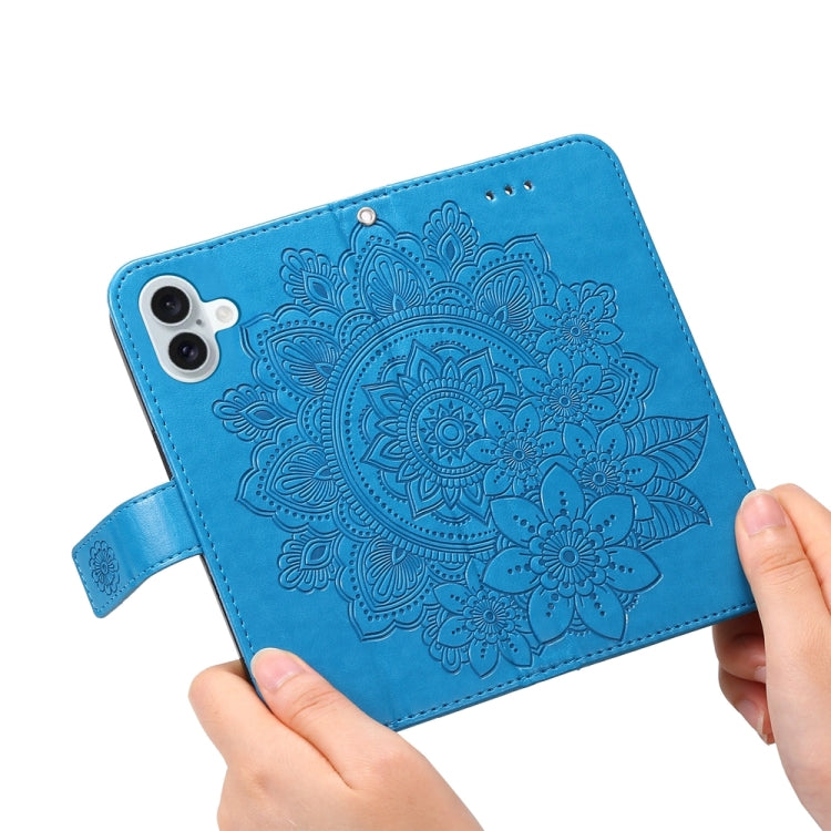 For iPhone 16 Plus Seven-petal Flowers Embossing Leather Phone Case(Blue)