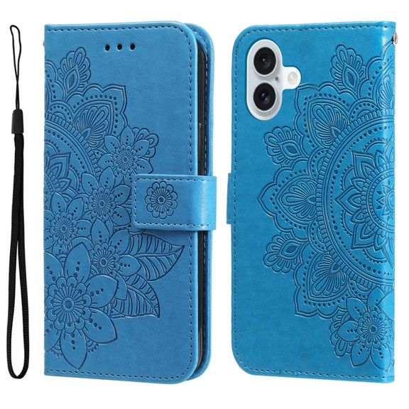 For iPhone 16 Plus Seven-petal Flowers Embossing Leather Phone Case(Blue)