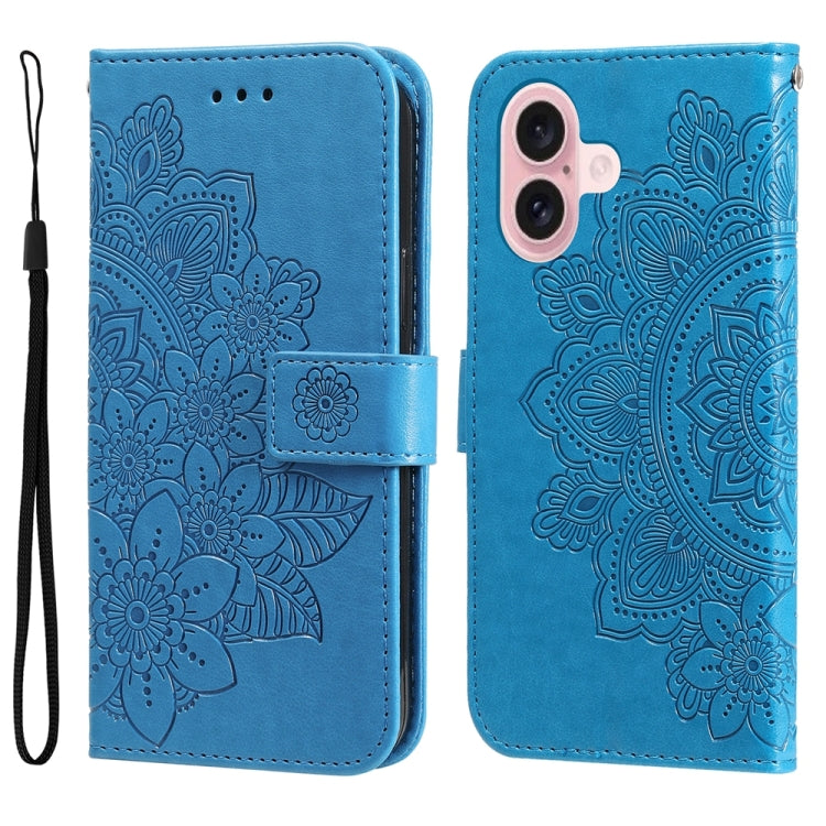 For iPhone 16 7-petal Flowers Embossing Leather Phone Case(Blue)