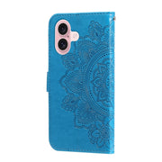 For iPhone 16 7-petal Flowers Embossing Leather Phone Case(Blue)