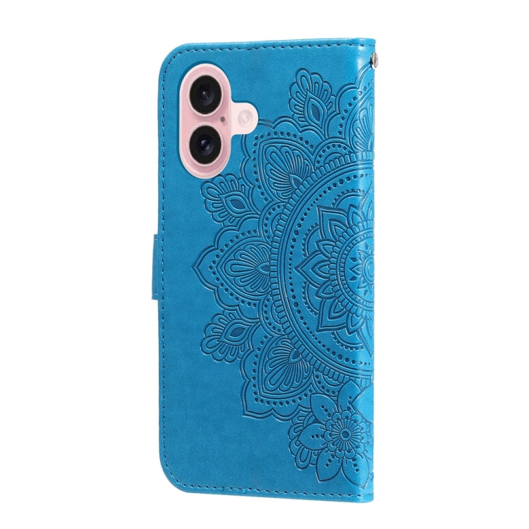 For iPhone 16 7-petal Flowers Embossing Leather Phone Case(Blue)