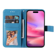 For iPhone 16 7-petal Flowers Embossing Leather Phone Case(Blue)