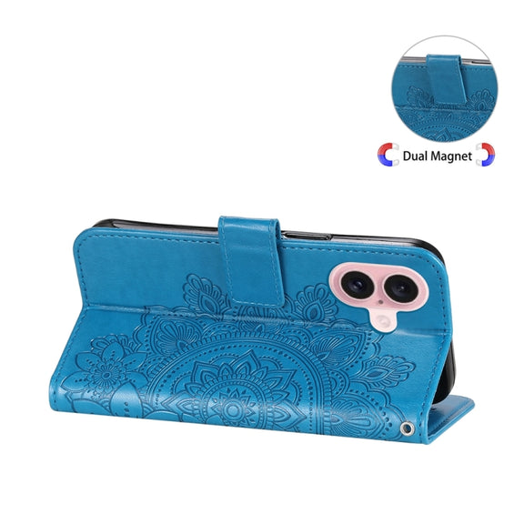 For iPhone 16 7-petal Flowers Embossing Leather Phone Case(Blue)