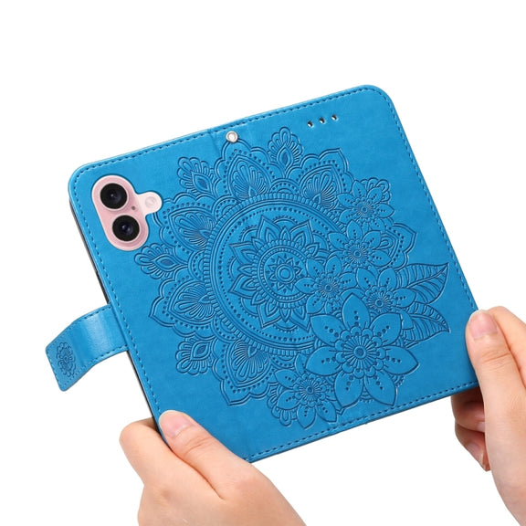 For iPhone 16 7-petal Flowers Embossing Leather Phone Case(Blue)