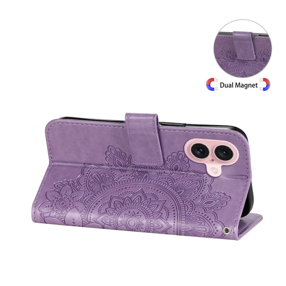 For iPhone 16 7-petal Flowers Embossing Leather Phone Case(Light Purple)