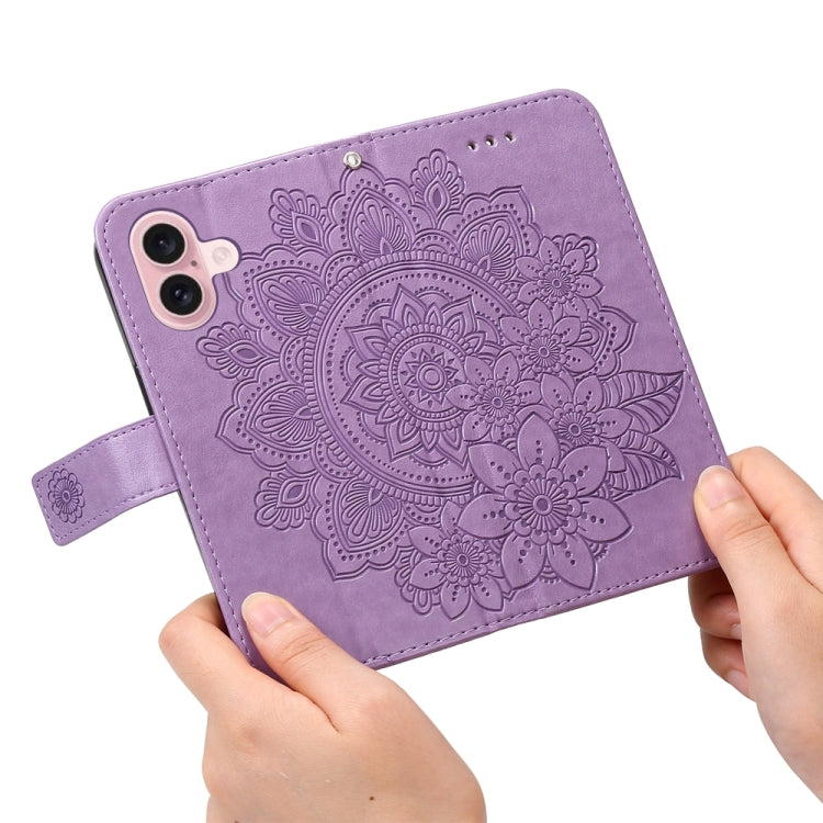 For iPhone 16 7-petal Flowers Embossing Leather Phone Case(Light Purple)