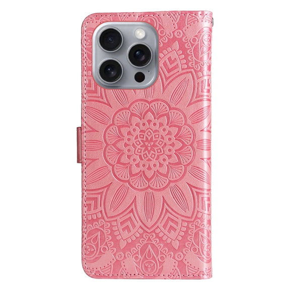 For iPhone 16 Pro Max Embossed Sunflower Leather Phone Case(Pink)