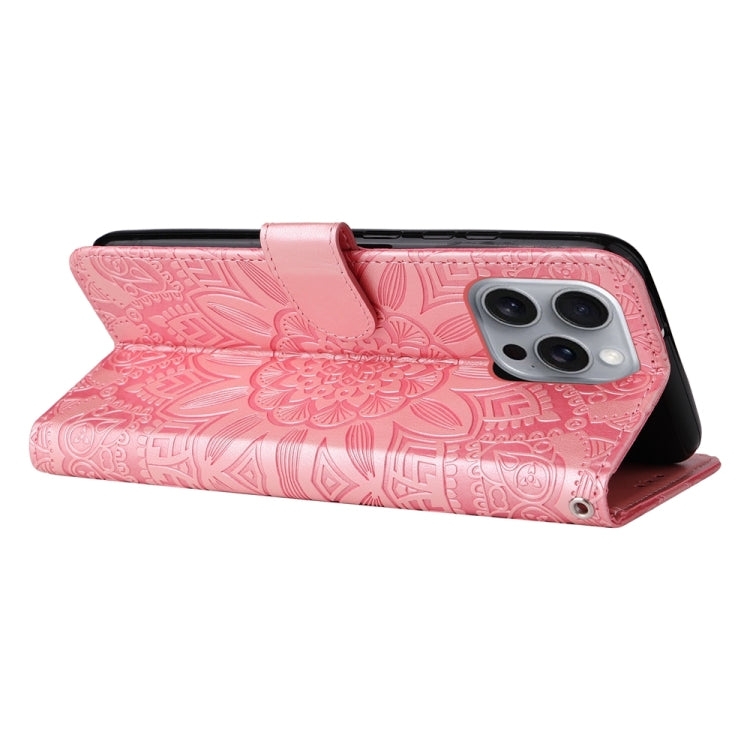 For iPhone 16 Pro Max Embossed Sunflower Leather Phone Case(Pink)