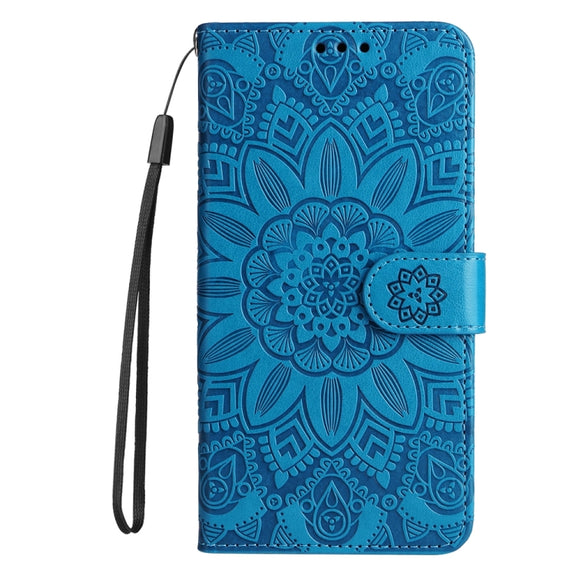 For iPhone 16 Pro Max Embossed Sunflower Leather Phone Case(Blue)