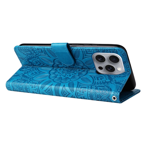 For iPhone 16 Pro Max Embossed Sunflower Leather Phone Case(Blue)