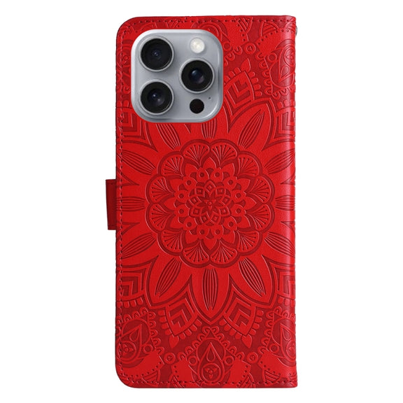 For iPhone 16 Pro Max Embossed Sunflower Leather Phone Case(Red)