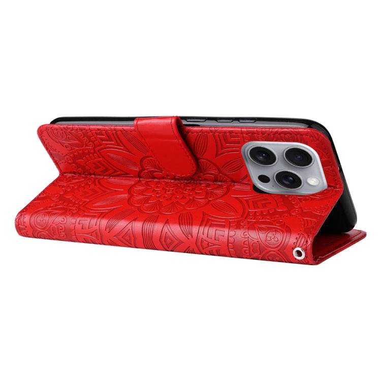 For iPhone 16 Pro Max Embossed Sunflower Leather Phone Case(Red)