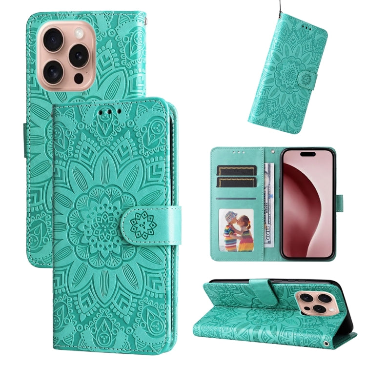 For iPhone 16 Pro Embossed Sunflower Leather Phone Case(Green)