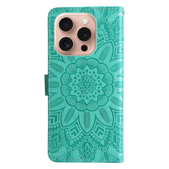 For iPhone 16 Pro Embossed Sunflower Leather Phone Case(Green)
