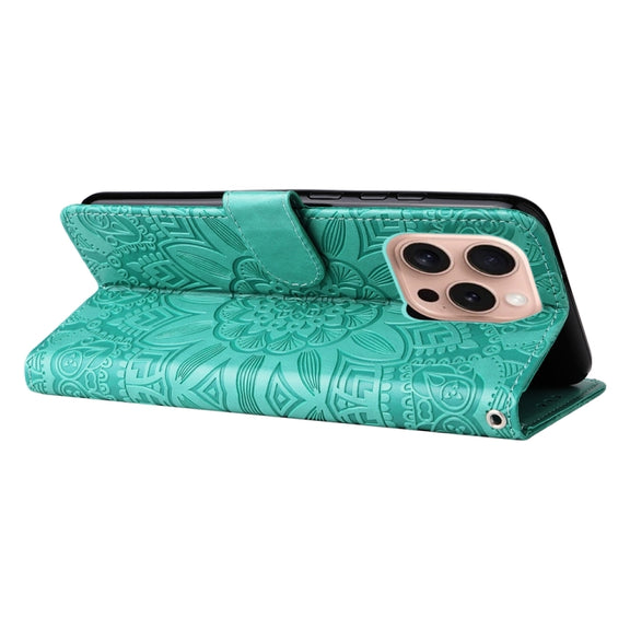 For iPhone 16 Pro Embossed Sunflower Leather Phone Case(Green)