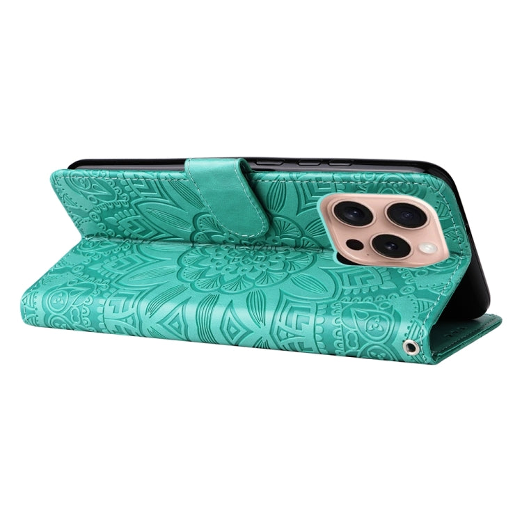 For iPhone 16 Pro Embossed Sunflower Leather Phone Case(Green)