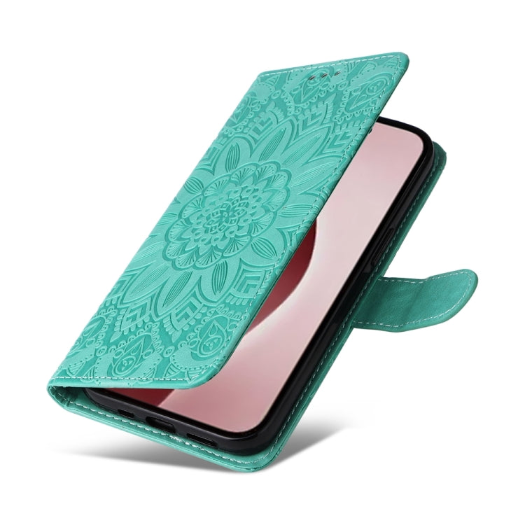 For iPhone 16 Pro Embossed Sunflower Leather Phone Case(Green)