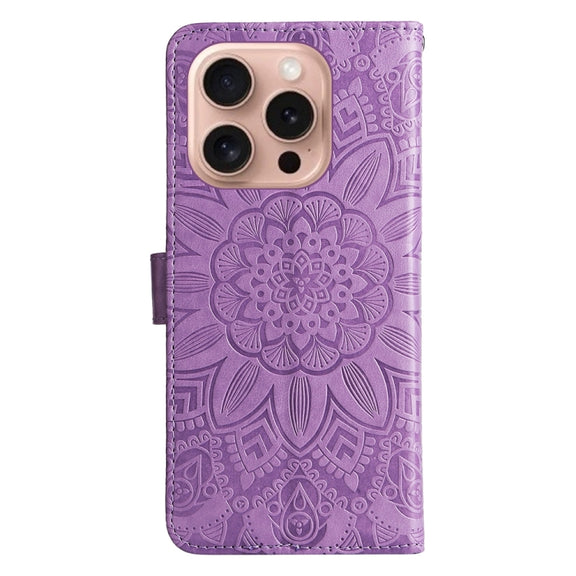 For iPhone 16 Pro Embossed Sunflower Leather Phone Case(Purple)