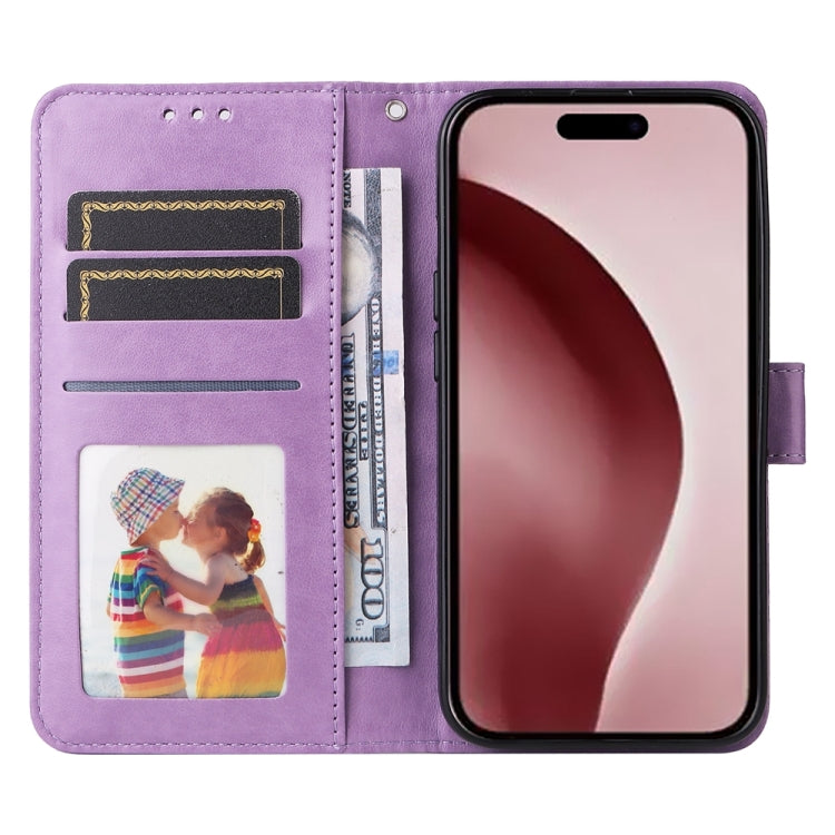 For iPhone 16 Pro Embossed Sunflower Leather Phone Case(Purple)