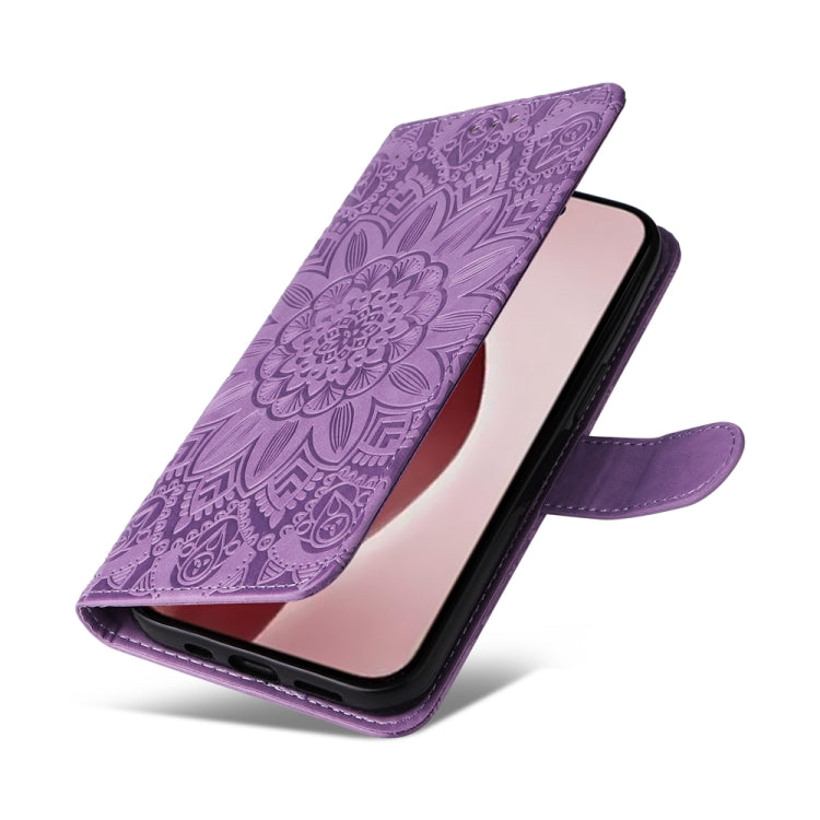 For iPhone 16 Pro Embossed Sunflower Leather Phone Case(Purple)