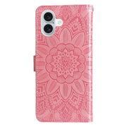For iPhone 16 Plus Embossed Sunflower Leather Phone Case(Pink)