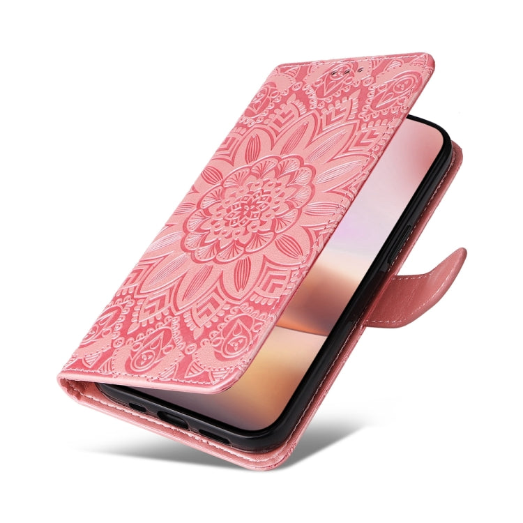 For iPhone 16 Plus Embossed Sunflower Leather Phone Case(Pink)