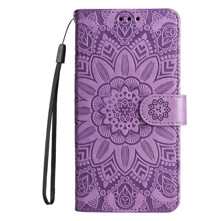 For iPhone 16 Plus Embossed Sunflower Leather Phone Case(Purple)