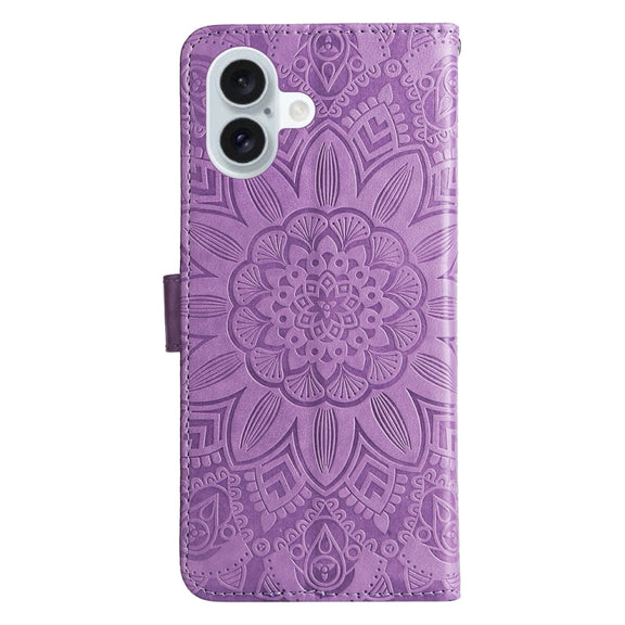 For iPhone 16 Plus Embossed Sunflower Leather Phone Case(Purple)