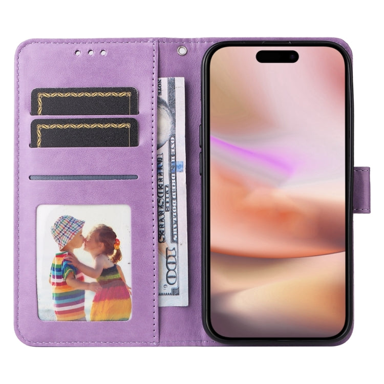 For iPhone 16 Plus Embossed Sunflower Leather Phone Case(Purple)