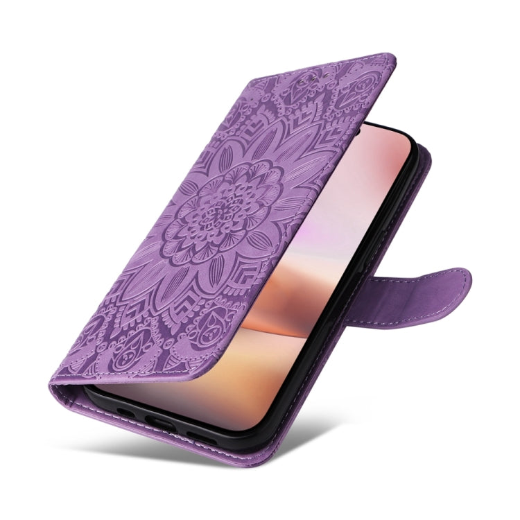 For iPhone 16 Plus Embossed Sunflower Leather Phone Case(Purple)