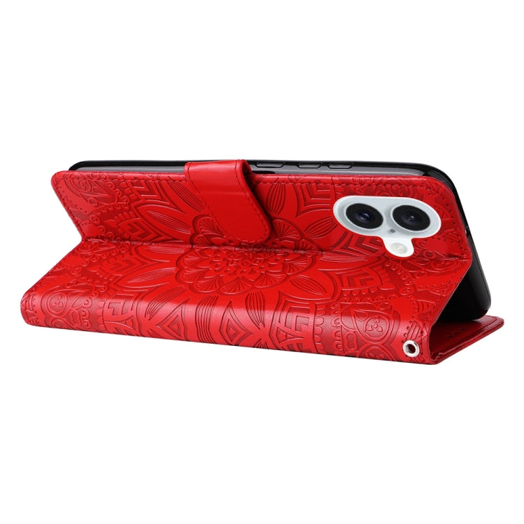 For iPhone 16 Plus Embossed Sunflower Leather Phone Case(Red)