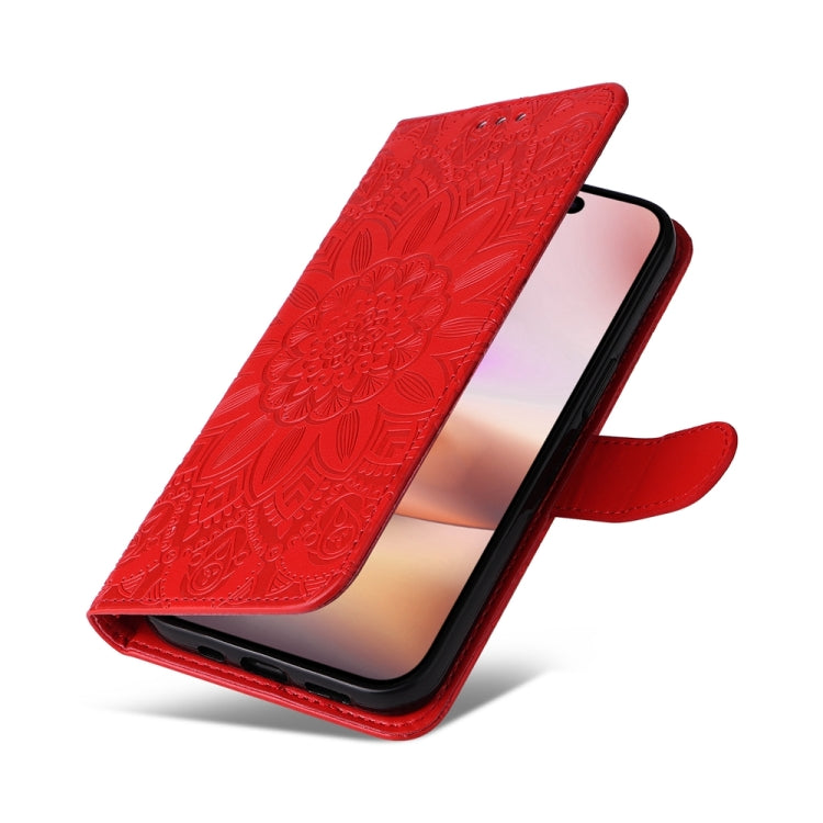 For iPhone 16 Plus Embossed Sunflower Leather Phone Case(Red)
