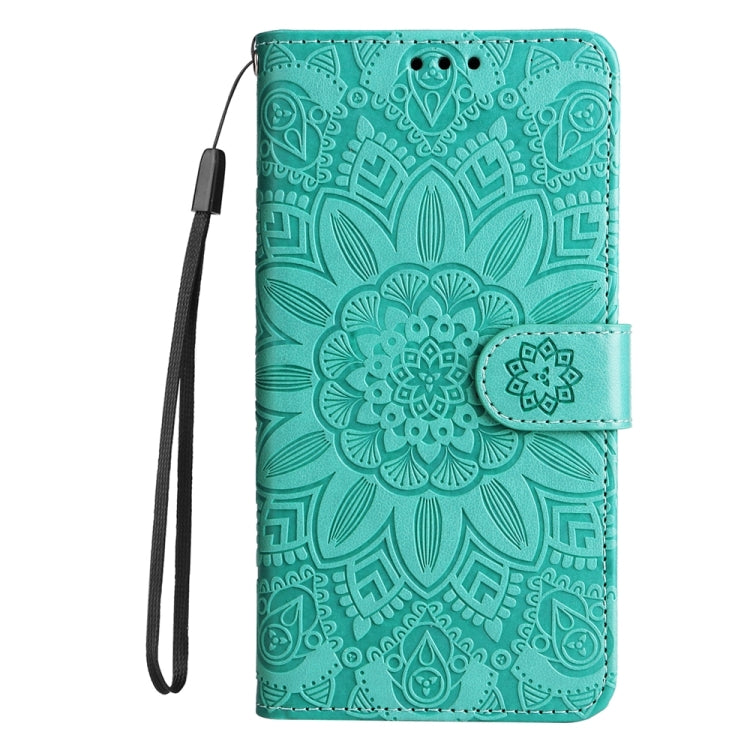 For iPhone 16 Embossed Sunflower Leather Phone Case(Green)