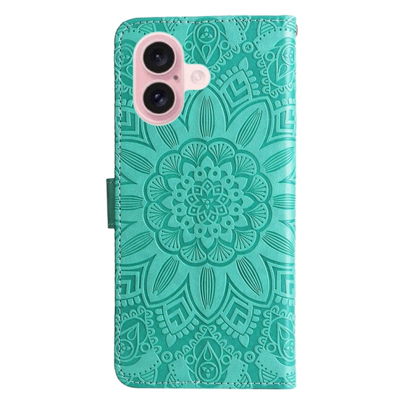 For iPhone 16 Embossed Sunflower Leather Phone Case(Green)
