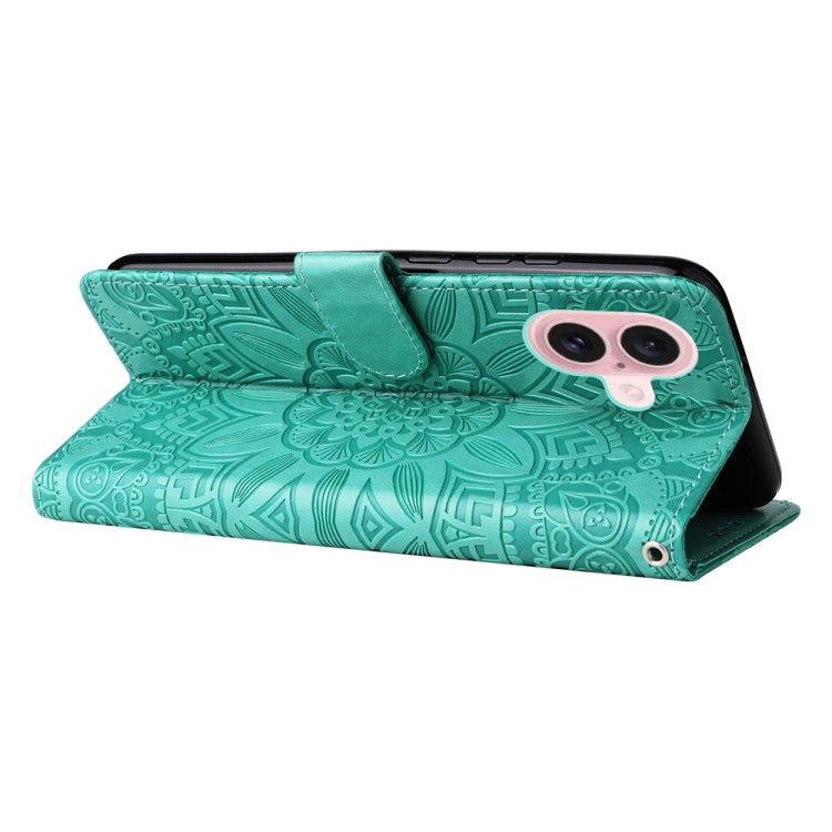 For iPhone 16 Embossed Sunflower Leather Phone Case(Green)