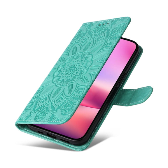 For iPhone 16 Embossed Sunflower Leather Phone Case(Green)