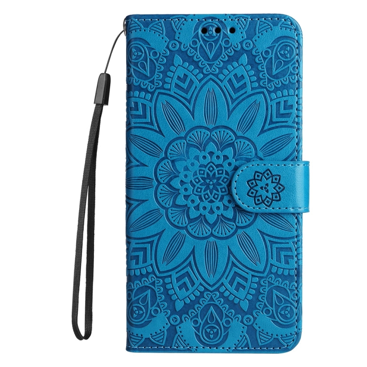 For iPhone 16 Embossed Sunflower Leather Phone Case(Blue)
