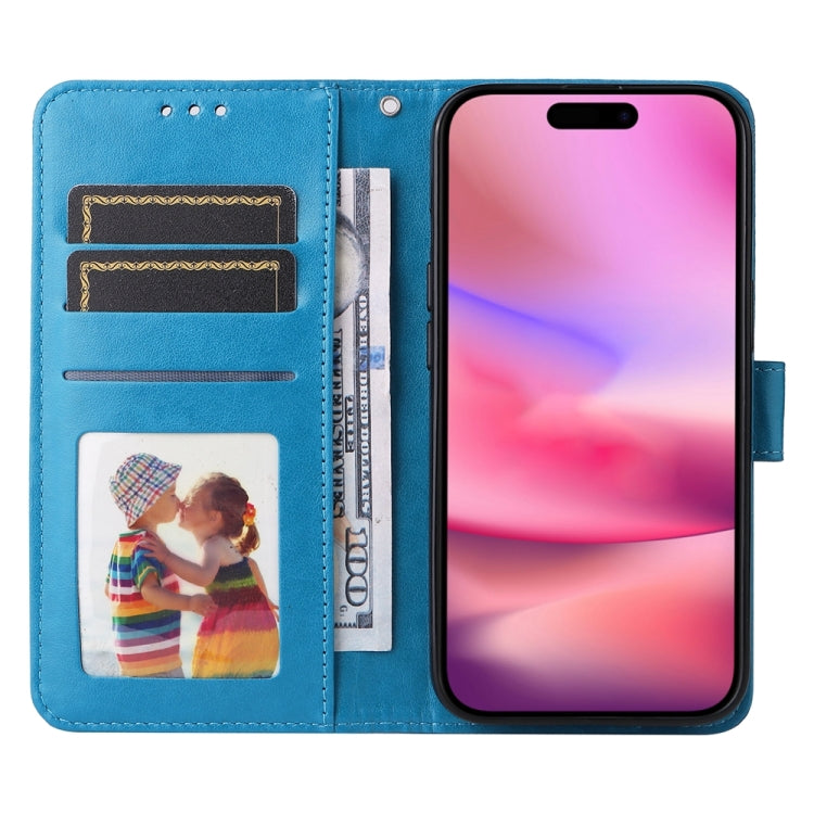 For iPhone 16 Embossed Sunflower Leather Phone Case(Blue)