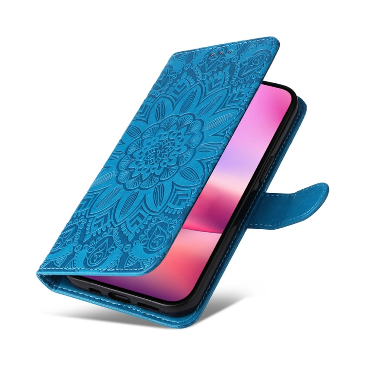 For iPhone 16 Embossed Sunflower Leather Phone Case(Blue)