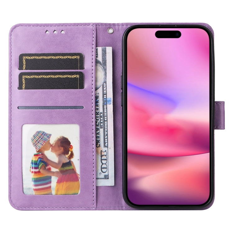 For iPhone 16 Embossed Sunflower Leather Phone Case(Purple)