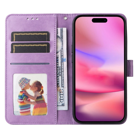 For iPhone 16 Embossed Sunflower Leather Phone Case(Purple)