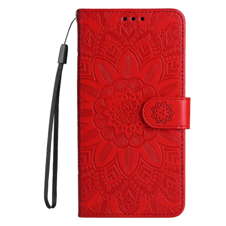 For iPhone 16 Embossed Sunflower Leather Phone Case(Red)