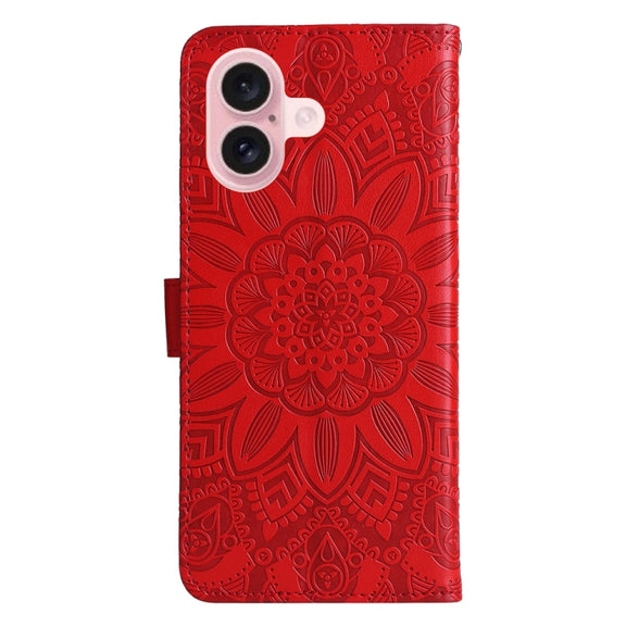 For iPhone 16 Embossed Sunflower Leather Phone Case(Red)