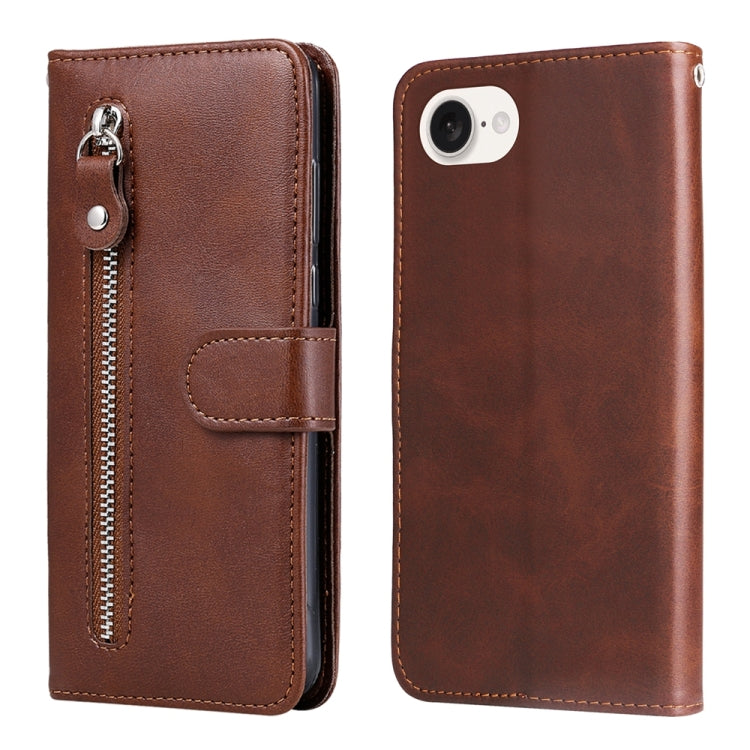 For iPhone 16e Fashion Calf Texture Zipper Leather Phone Case(Brown)