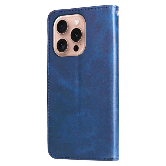 For iPhone 16 Pro Fashion Calf Texture Zipper Leather Phone Case(Blue)