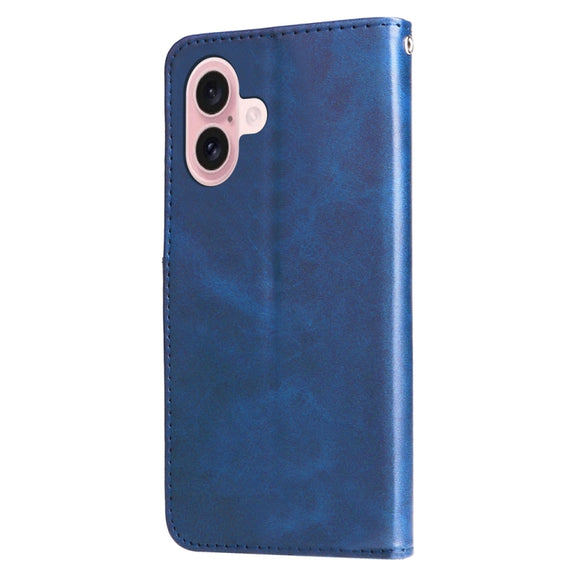 For iPhone 16 Fashion Calf Texture Zipper Leather Phone Case(Blue)