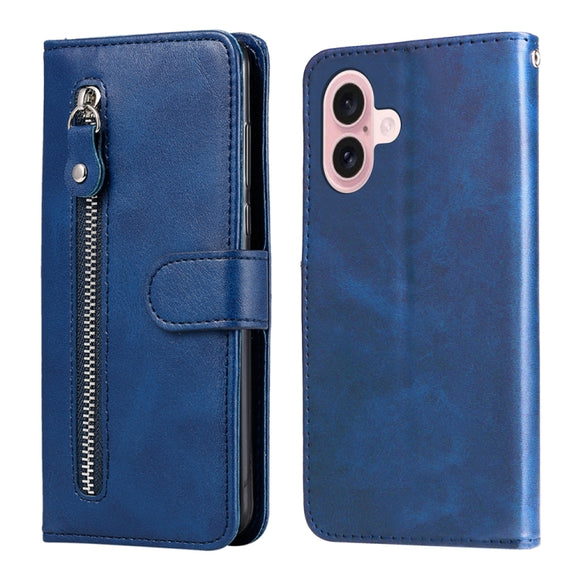 For iPhone 16 Fashion Calf Texture Zipper Leather Phone Case(Blue)