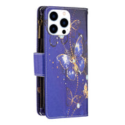 For iPhone 16 Pro Max Colored Drawing Pattern Zipper Phone Leather Case(Purple Butterfly)
